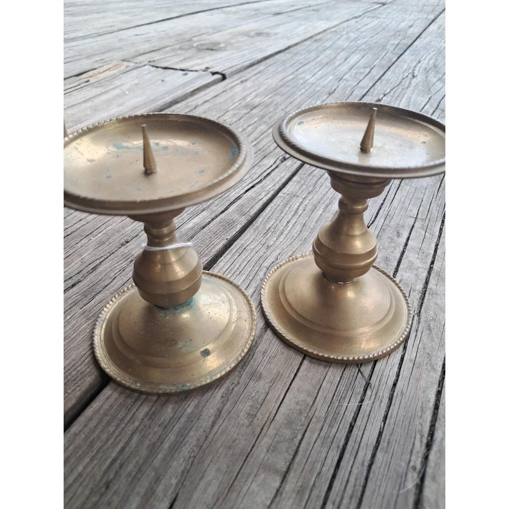 Set of 2 Vintage Brass Pillar Table Top Candle Holder 3